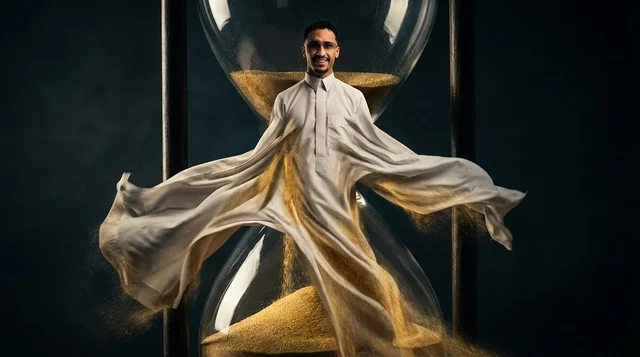 Saudi Man in Thobe Inside Hourglass with Sand