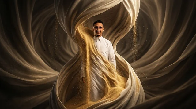 رجل سعودي بالثوب التقليدي مع ساعة رملية