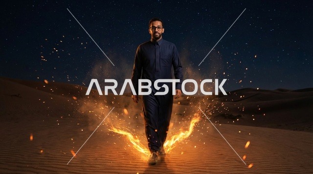 رجل سعودي يمشي في الصحراء مع شرارات لهب ليلاً