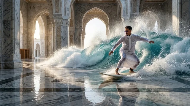 رجل خليجي يركب الأمواج بالثوب في قاعة رخامية
