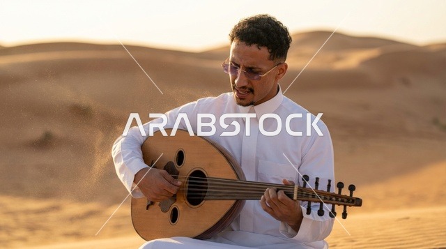 رجل سعودي يعزف العود في الصحراء وقت الغروب