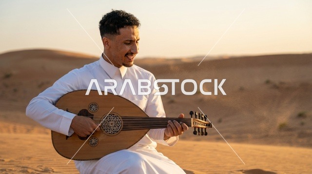 رجل سعودي يعزف على العود في الصحراء وقت الغروب