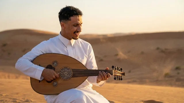 رجل سعودي يعزف على العود في الصحراء وقت الغروب