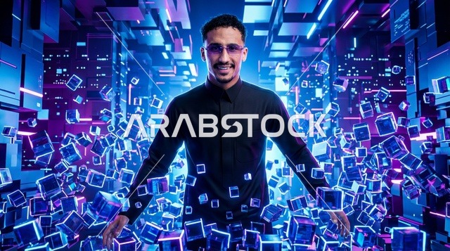 رجل سعودي بالثوب الأسود في عالم الميتافيرس الرقمي