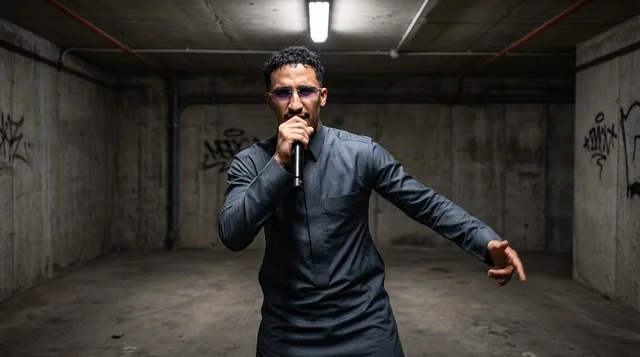 An Arabic rap artist holding a microphone in a graffiti garage.