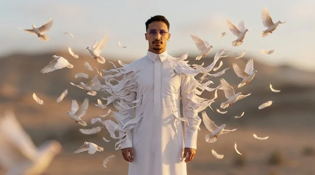 رجل سعودي بالثوب الأبيض واللحية يتحول إلى حمام طائر
