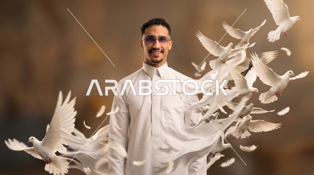 رجل سعودي بالثوب الأبيض واللحية يتحول إلى حمام طائر