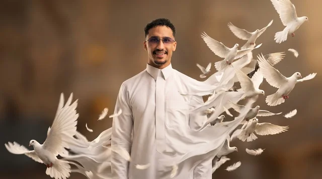 رجل سعودي بالثوب الأبيض واللحية يتحول إلى حمام طائر