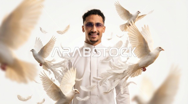 رجل سعودي بالثوب الأبيض واللحية يتحول إلى حمام طائر