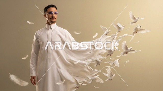 رجل سعودي بالثوب الأبيض واللحية يتحول إلى حمام طائر
