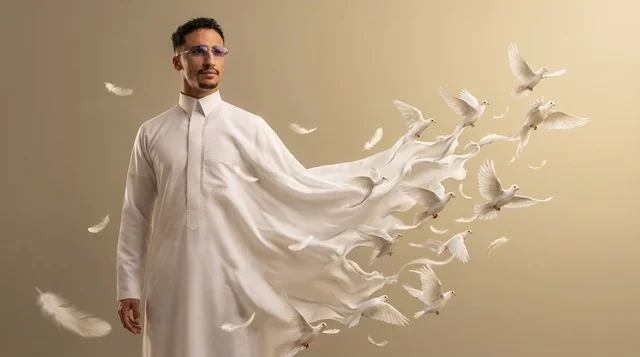 Saudi Man in White Thobe Transforming into White Doves
