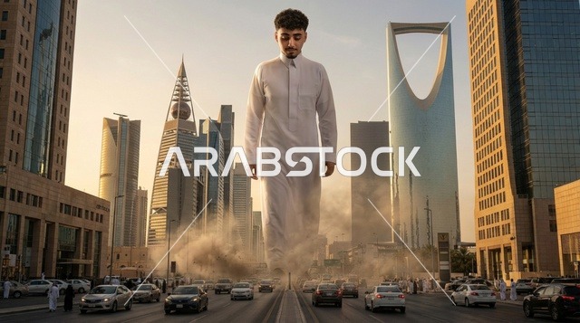 رجل سعودي عملاق يسير في أفق مدينة الرياض