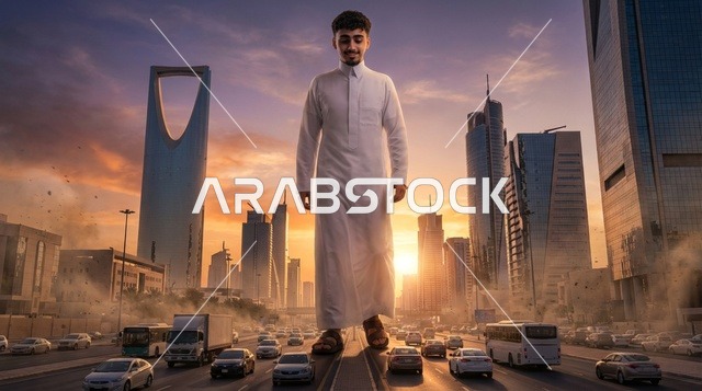رجل سعودي عملاق يسير في أفق مدينة الرياض