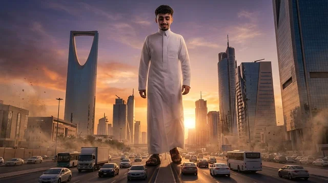 رجل سعودي عملاق يسير في أفق مدينة الرياض