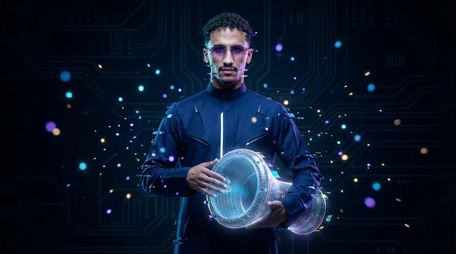 A Saudi man plays a digital holographic drum.