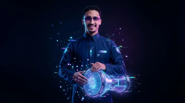 Saudi Man Playing Holographic Digital Tabla Drum
