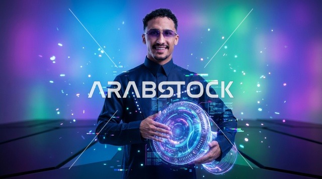 رجل سعودي بالثوب الأزرق مع واجهة هولوغرام تقنية