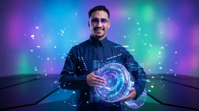 Saudi Man in Blue Thobe with Holographic Interface