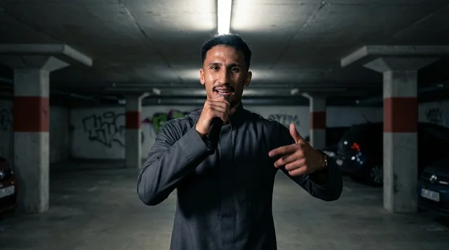 Saudi Man in Grey Thobe with Microphone in Garage