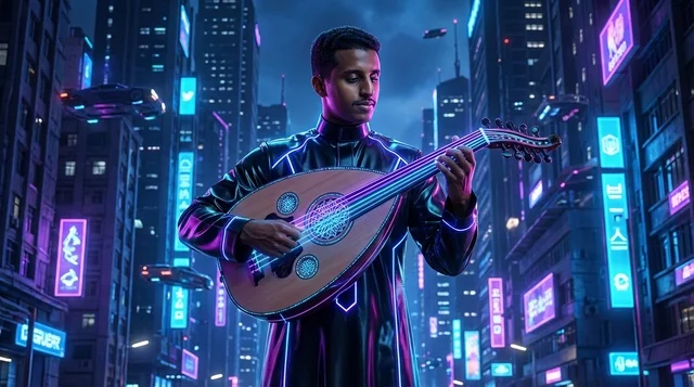 Saudi Man Playing Oud in Futuristic Cyberpunk City