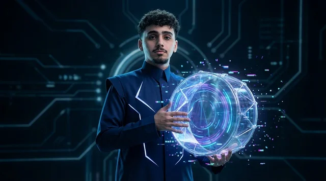 Arab Man Interacting with Futuristic Holographic Interface