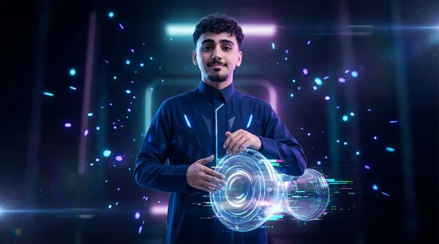 شاب سعودي يعزف على دربكة هولوغرامية رقمية متوهجة شاب سعودي يعزف على دربكة هولوغرامية رقمية متوهجة