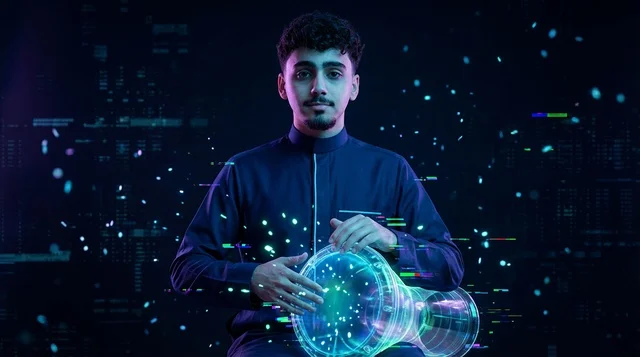 Saudi Man Playing Digital Drum in Futuristic Style