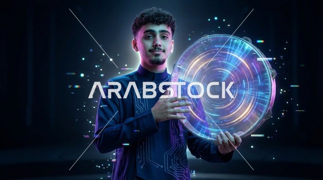 شاب سعودي يرتدي ثوباً رقمياً مع دف هولوغرافي