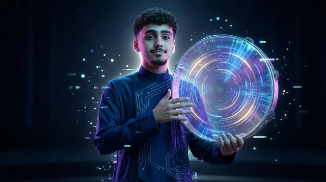 Saudi Man in Digital Thobe with Holographic Tambourine