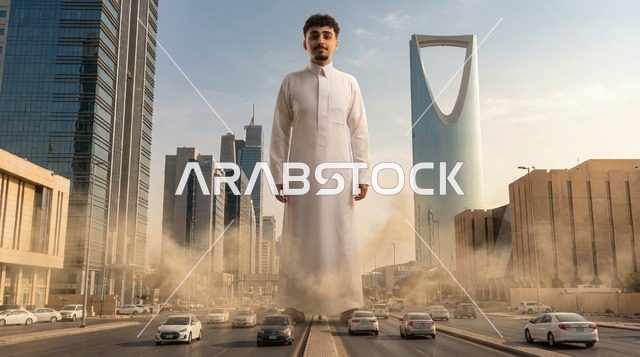 رجل سعودي عملاق يسير في أفق مدينة الرياض