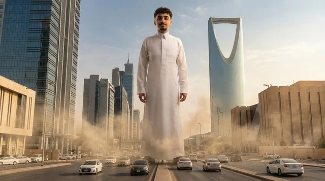رجل سعودي عملاق يسير في أفق مدينة الرياض