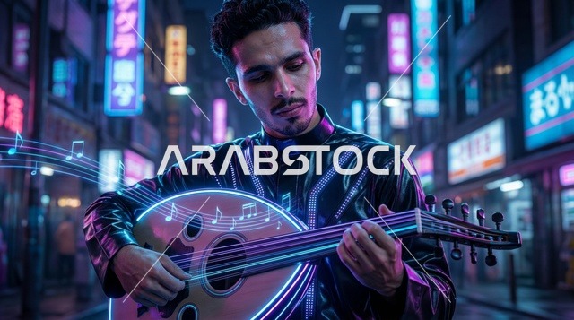 شاب عربي يعزف العود الكهربائي في شارع سايبربانك