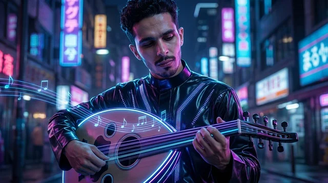 Arab Man Playing Electric Oud in Neon Cyberpunk Street
