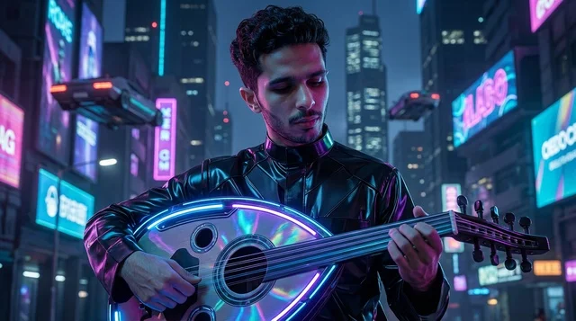 Saudi Man Playing Futuristic Oud in Cyberpunk Night City