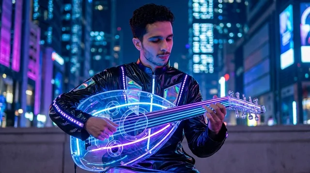 Saudi Man Playing Futuristic Neon Oud at Night