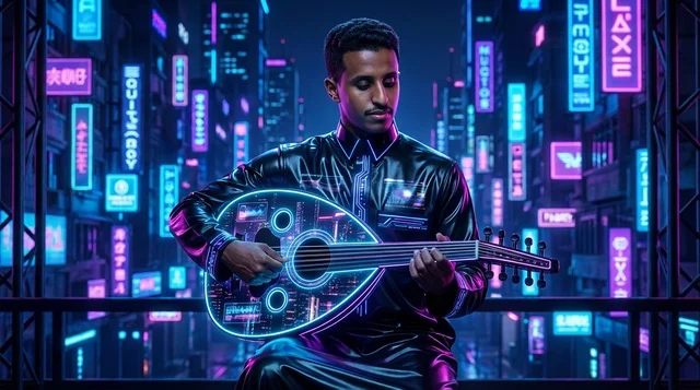 Saudi Man Playing Neon Oud in Cyberpunk Night City