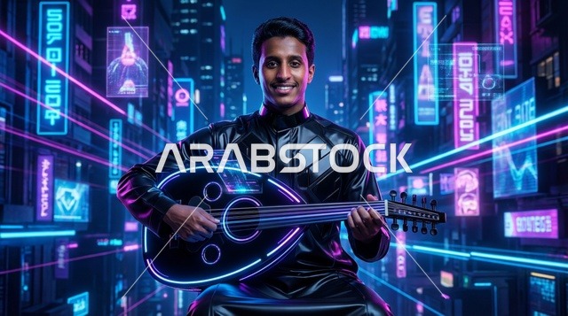 Saudi Man Playing Digital Oud in Cyberpunk City