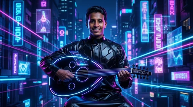 Saudi Man Playing Digital Oud in Cyberpunk City