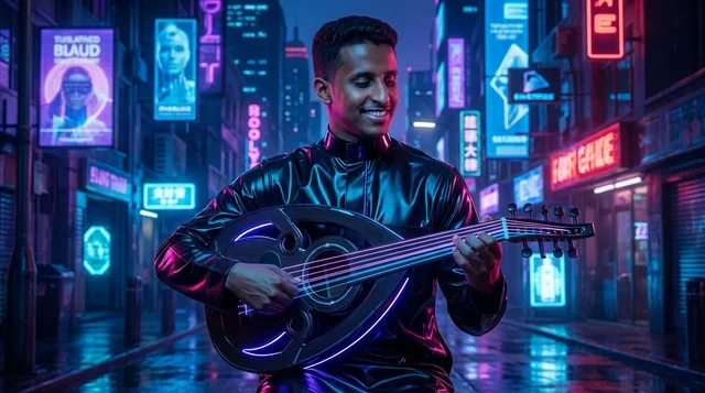 Saudi Man Playing Electric Oud in Futuristic Cyberpunk City