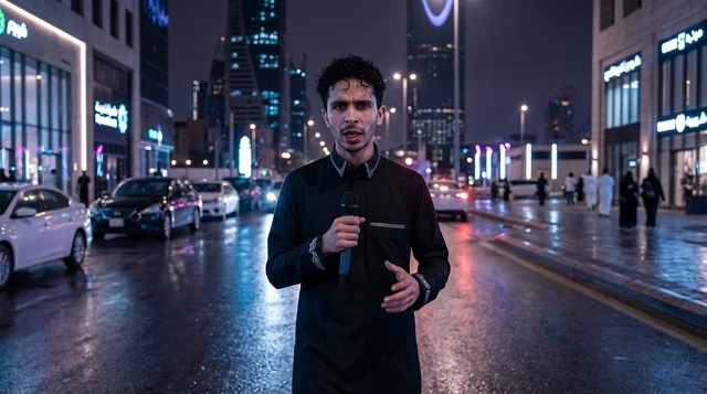 Saudi Male Reporter in Black Thobe Riyadh Night