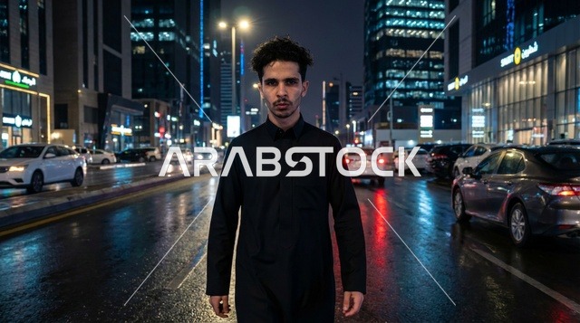 رجل سعودي بالثوب الأسود يسير في شارع ليلي مبلل