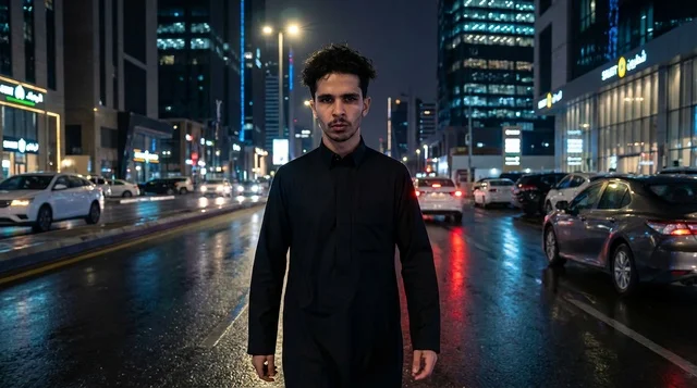 A Saudi man in a black thobe is walking in a wet night street.