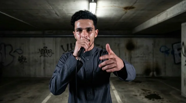 Young Arab Rapper with Microphone in Graffiti Garage