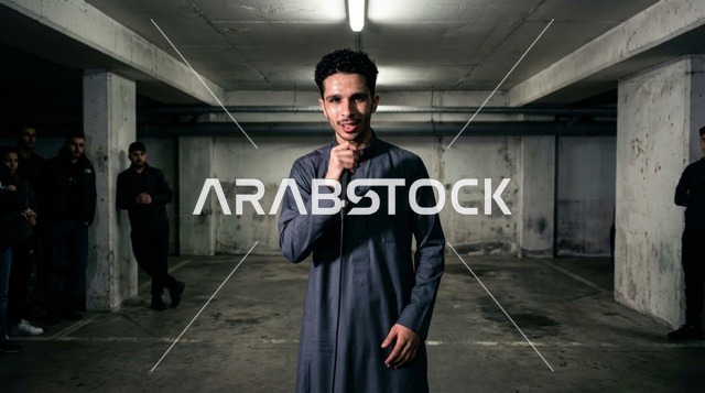 رجل عربي بالثوب مع ميكروفون في موقف سيارات