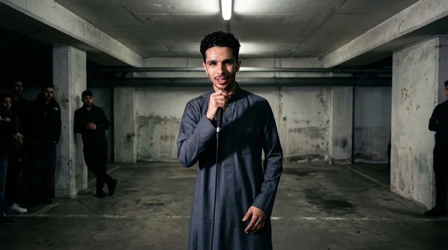 Arab Man in Thobe with Microphone in Parking Garage