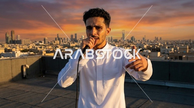 شاب سعودي يغني في ميكروفون في بيئة حضرية