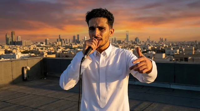 A Saudi young man singing into a microphone in an urban environment.