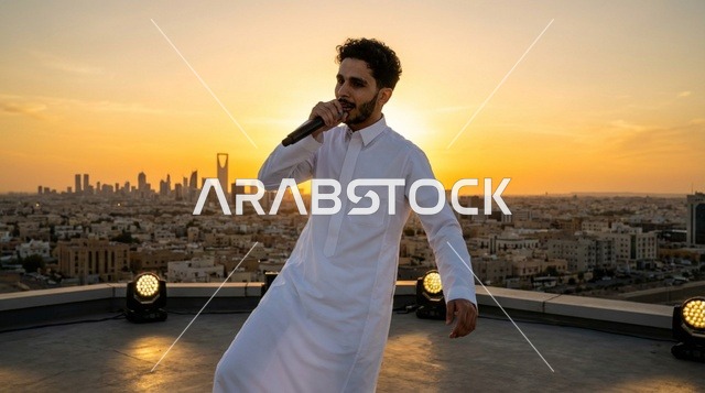 شاب سعودي يغني في ميكروفون في بيئة حضرية
