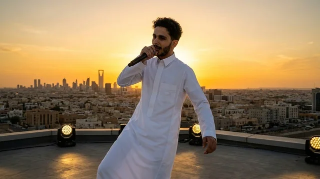 شاب سعودي يغني في ميكروفون في بيئة حضرية