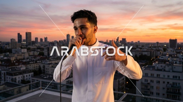 شاب سعودي يغني في ميكروفون في بيئة حضرية